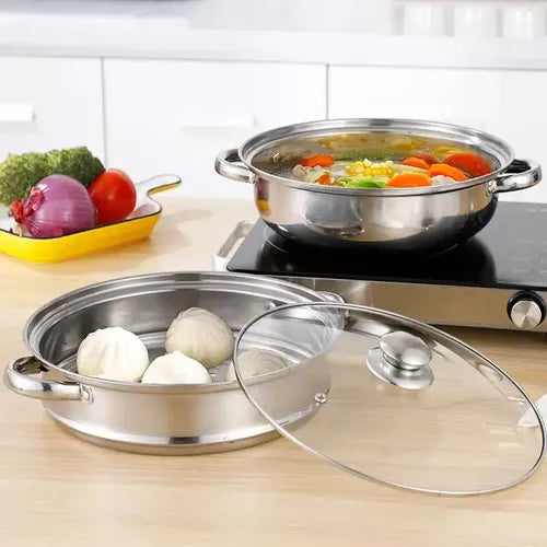 Juego de Olla Y Vaporera Apilables C/tapa de Vidrio Templado