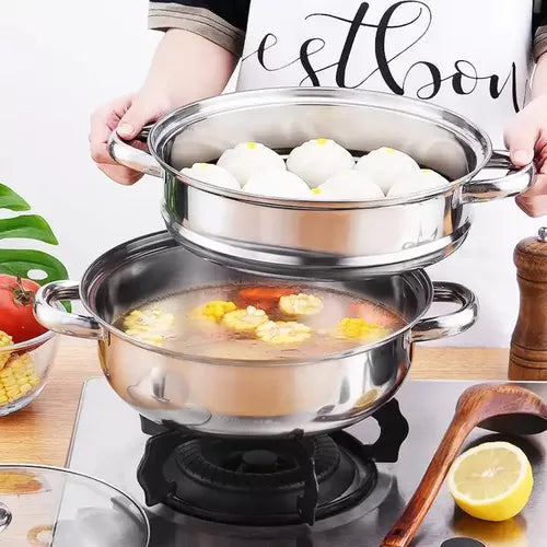 Juego de Olla Y Vaporera Apilables C/tapa de Vidrio Templado