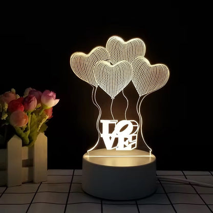 Lámpara Led Veladora Corazones 3D Acrílico Con Usb