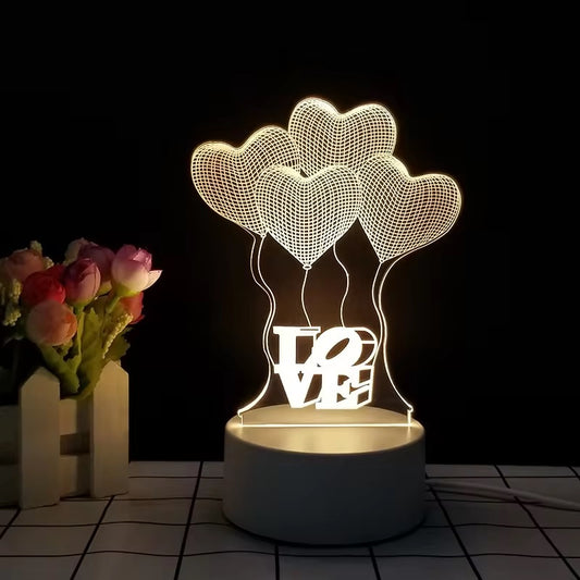Lámpara Led Veladora Corazones 3D Acrílico Con Usb